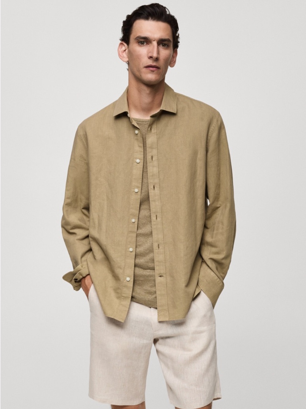 Mango Classic Linen Blend Shirt in Light Beige